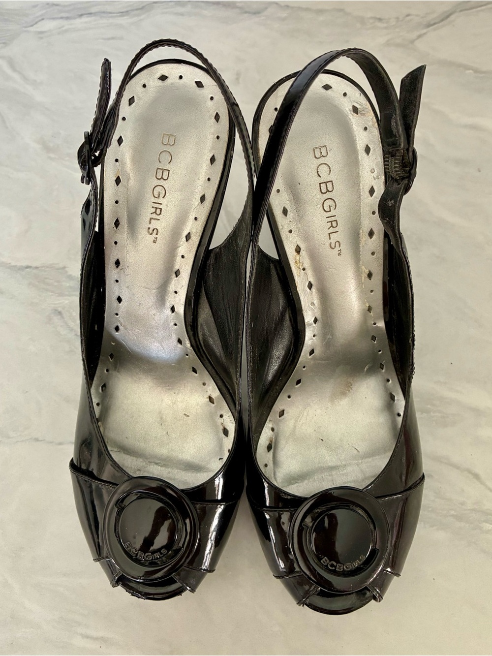 BCBGirls Black Patent Peep-Toe Slingback Heels